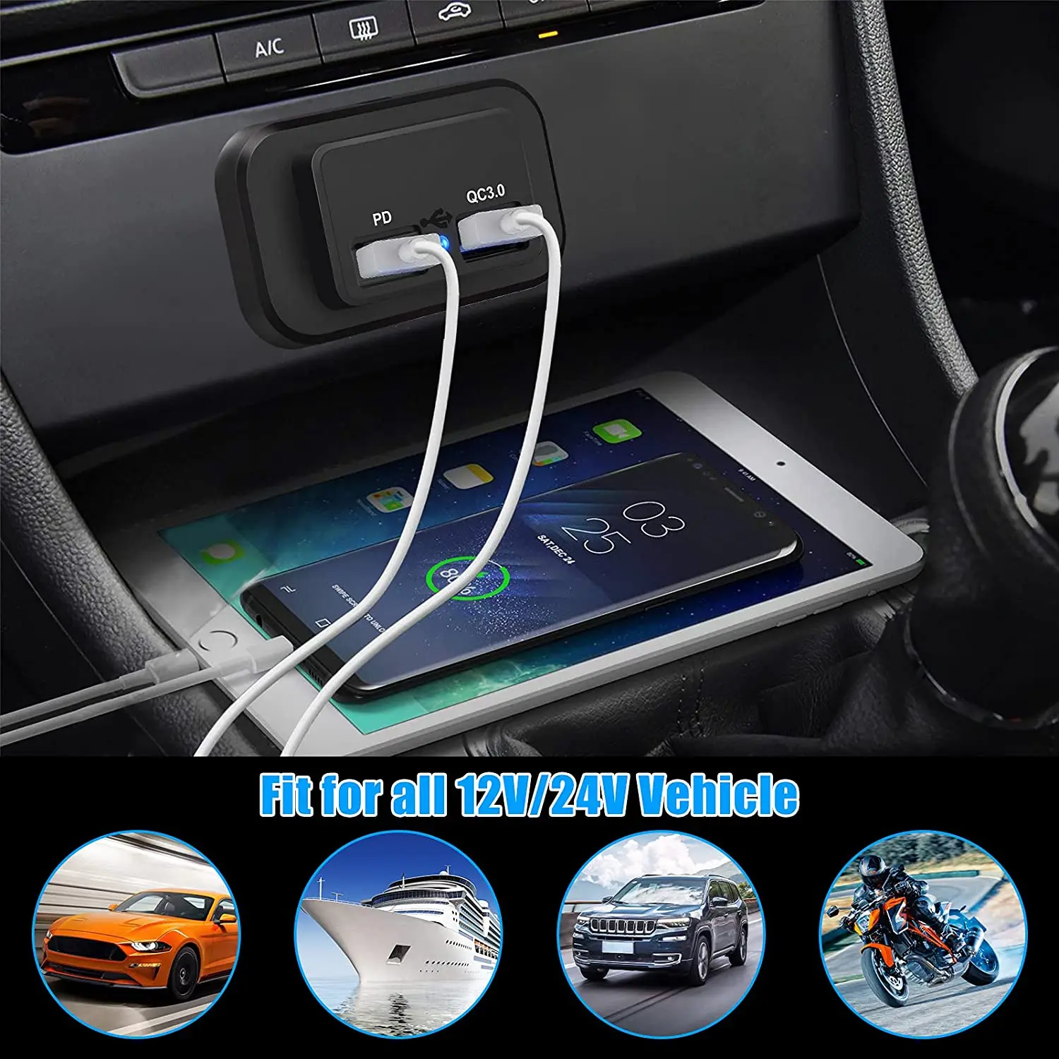 12v-24v   dual usb QC3.0+PD  USB-C  charger with button switch for RV Marine Motorcycle Truck Golf Cart