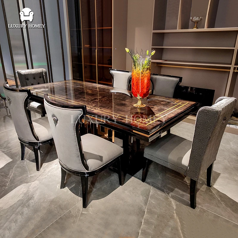Italian high-end luxury natural wood veneer long dining room set modern dining table set full dining room furniture