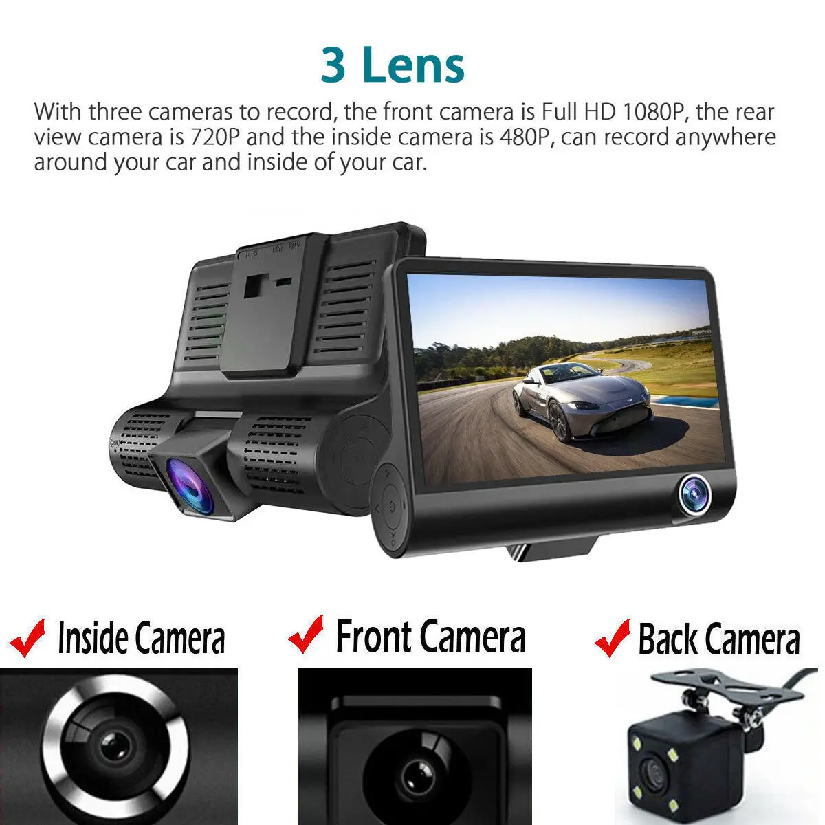  4 дюйма FHD 1080P Автомобильный видеорегистратор 3 объектива камеры Авто Dash Cam ИК ночного видения 170 широкоугольный объектив для вождения автомобиля видео рекордер