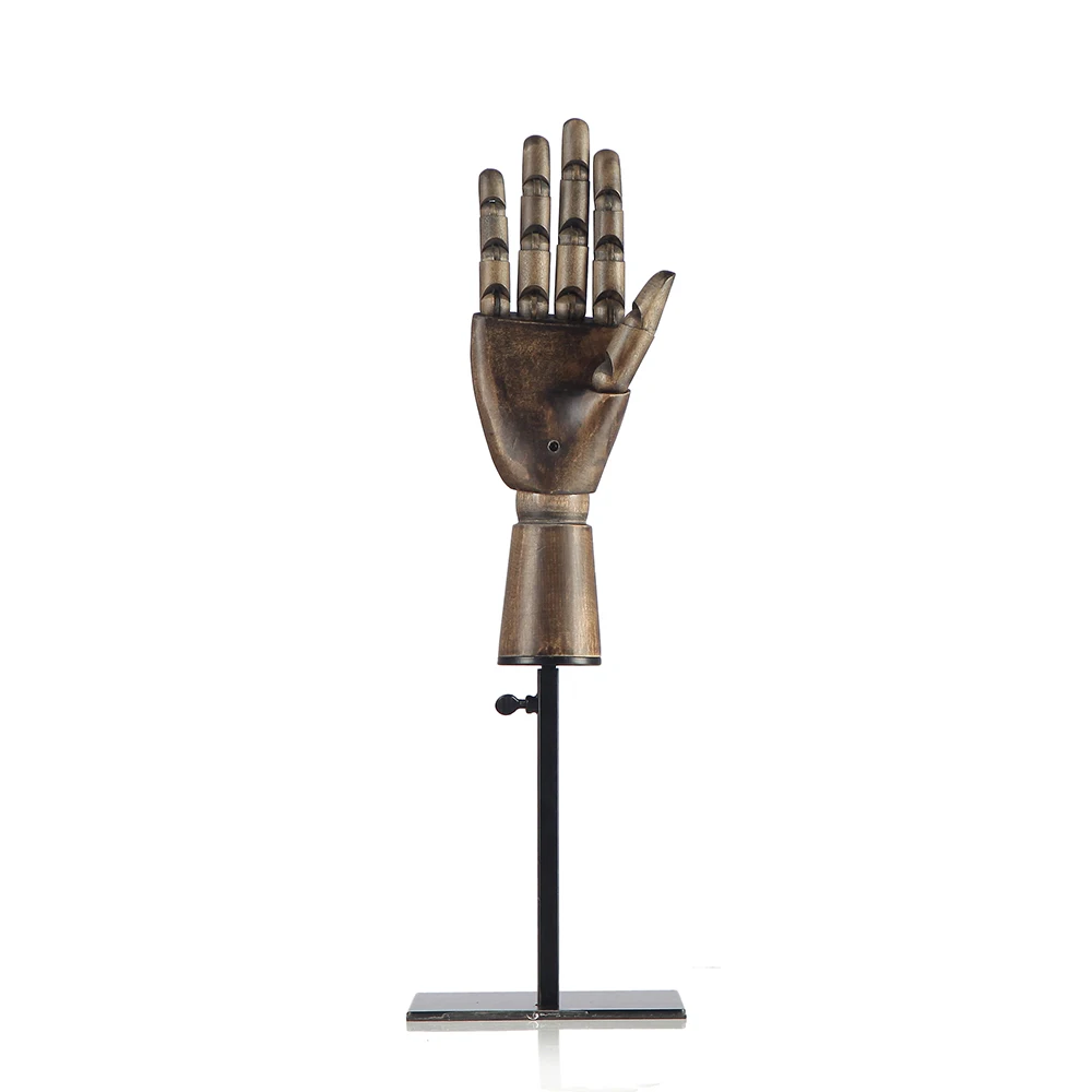 Wooden hands with metal base in stock for jewelry display adjustable articulated wood  hand could adjust height for bags display