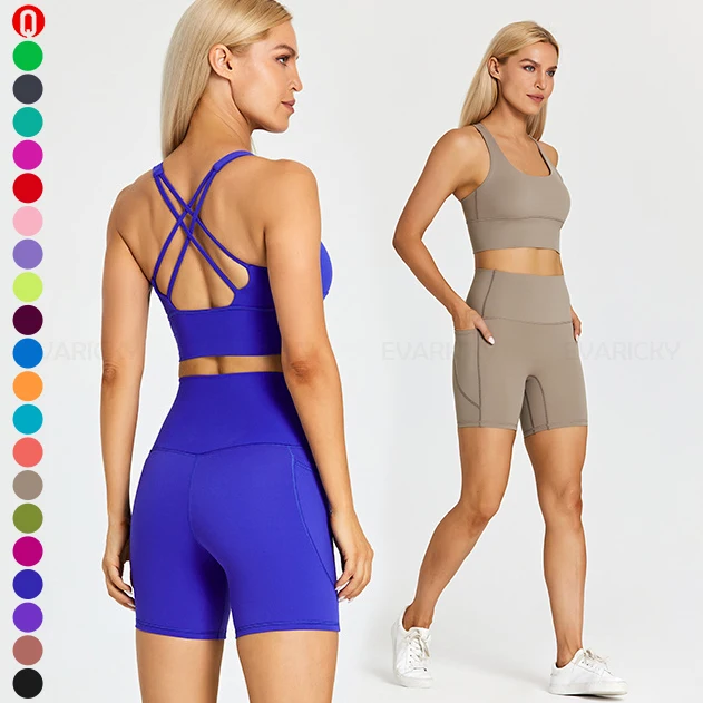 Wholesale No Camel Toe Side Pocket Design biker shorts 4 Spaghetti Strap Push up Sports Bra 2 piece Short Gym Fitness Yoga Set