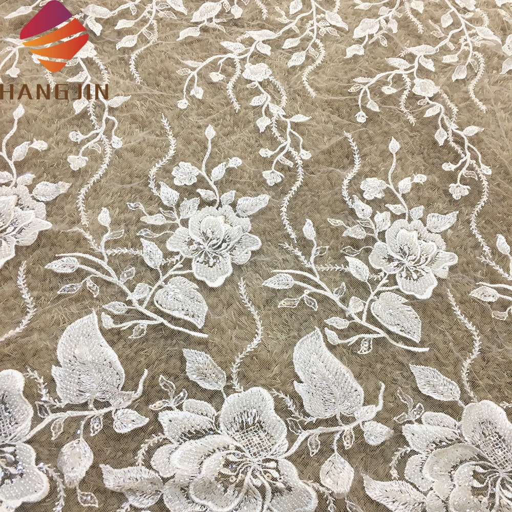 Ivory French White Embroidery Tulle Wedding Lace Fabric Fully Beaded Bridal Lace Fabric For Party Dress