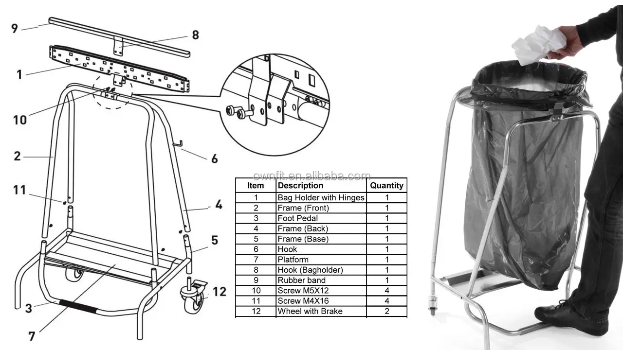 Commercial Cleaning Trolley For Dust Bag Stainless Steel Hospital Garbage Cart Knocked-down foot operated waste trash