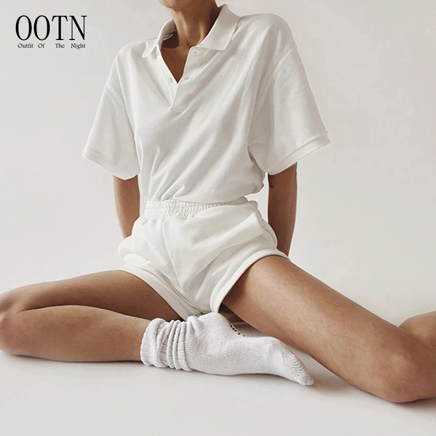 OOTN 2024 Summer Elastic Waist Shorts Turn Down Collar Shirt Two Piece Set Knit Top Streetwear Sport Wear Casual Women Suit