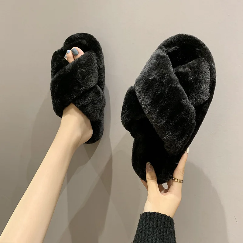 
Customized large size cross hairy slippers women thick-soled elastic band open toe plush slippers for ladies 