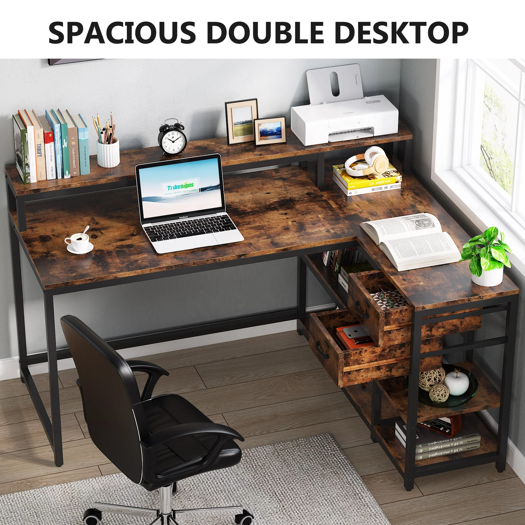 Tribesigns L Shaped Desk with Drawer Industrial Home Office Furniture Rustic Wooden and Metal PC Computer Desk