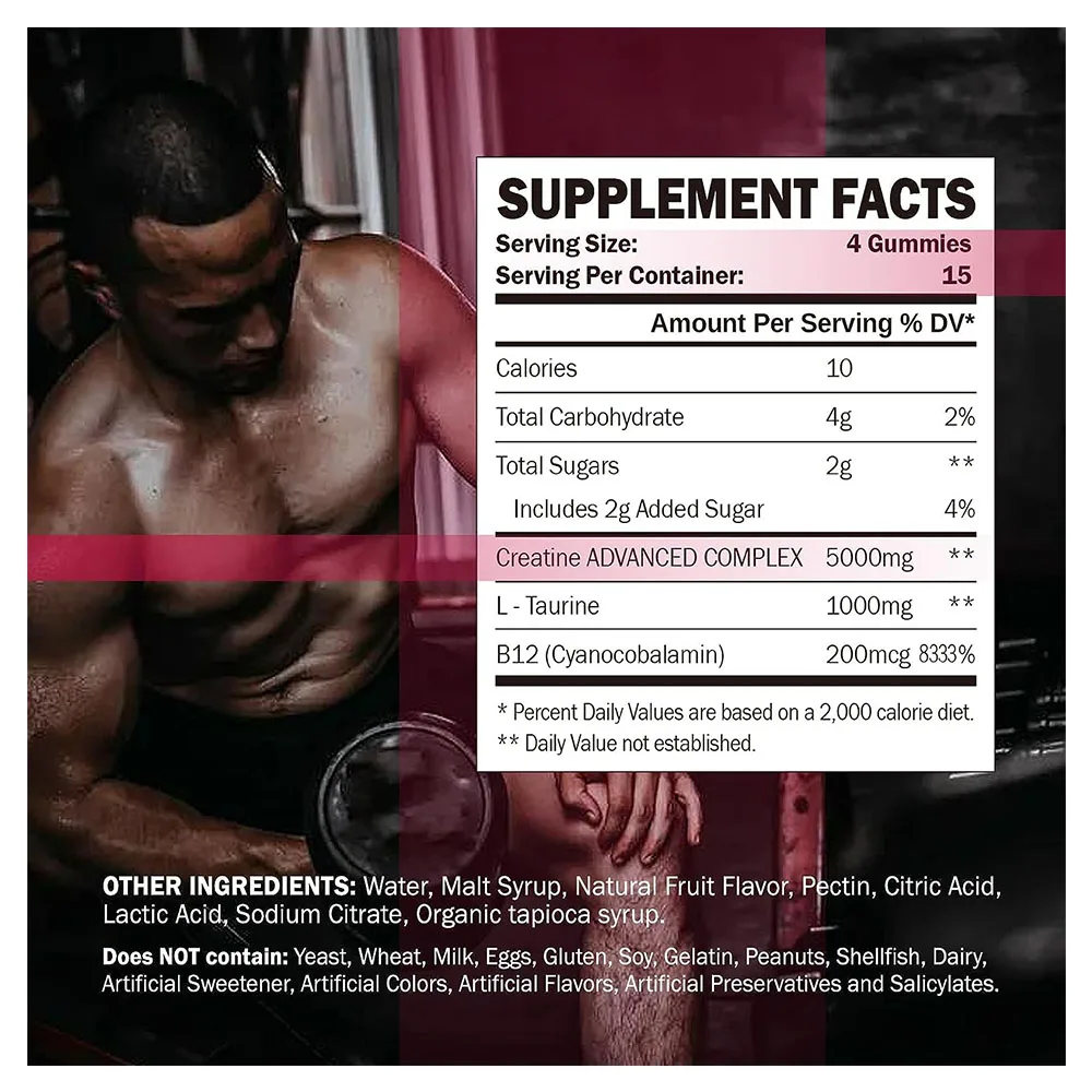 GMP Factory Pre Workout Gummy Creatine Monohydrate Boost Energy and Muscle Growth Customized Formula with Taurine