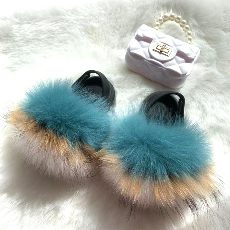 2022 Designer Custom Wholesale Winter Luxury Fluffy colorful Baby Girl Wool Toddler Rainbow Flat Fur Slides With Purse Set Kids
