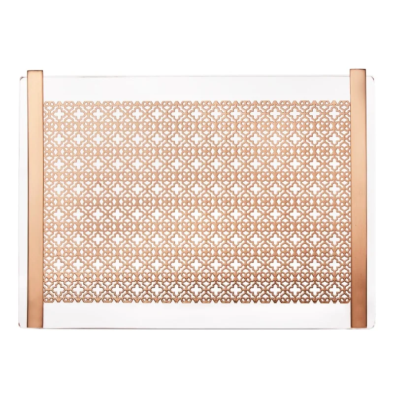Acrylic Serving Tray Upscale Plexiglass Filigree Tray in Bright Brass with Metal Handles Tabletop Lucite Coffee Snacks Tray
