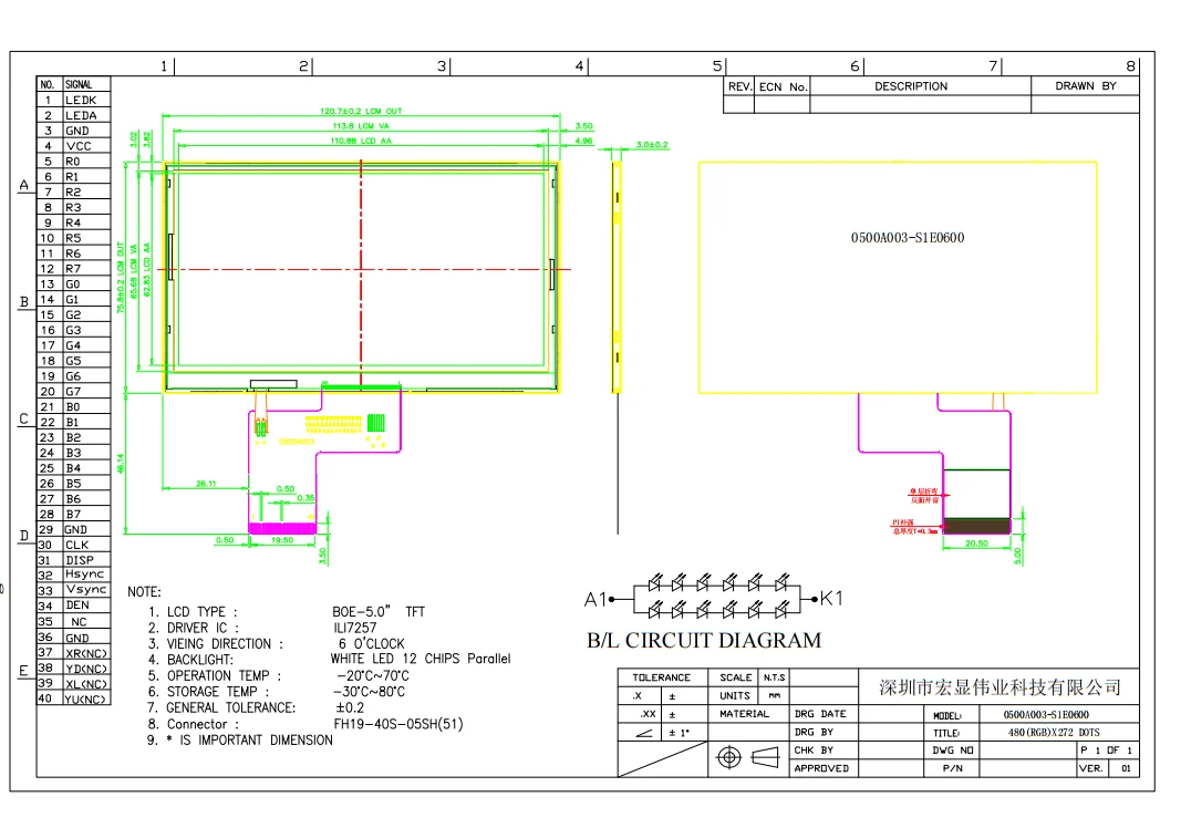 5 Inch 480*272 RGB 40 pin ST7257  customized touch screen tft lcd module display