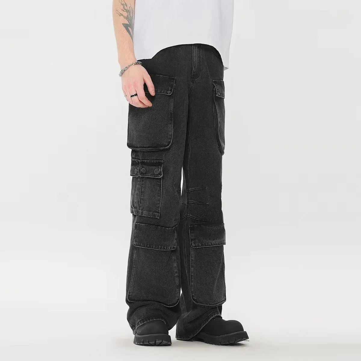 Custom Ready Made Cotton Poly Denim Cargo pants Washed  Wide Straight Leg Fit Jeans  With Multi Pockets In Black Vintage Washed