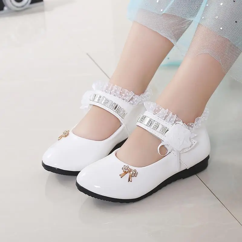 Girls PU leather princess shoes new children single Solid Color Lace student performance shoes Flat Heel Girls Red Sandal