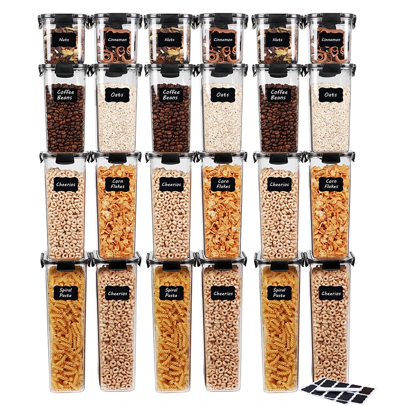 Transparent Pasta Storage Kitchen Storage Box Food Container Set with Black Lid for Tea Storage