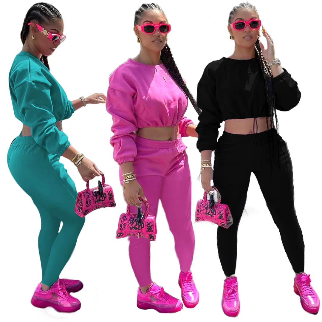 2021 Fall Clothes Matching Outfits Solid Fitness Drawstring Crop Top Long Sleeve Women Sets Joggers Pants Two Piece Pants Set