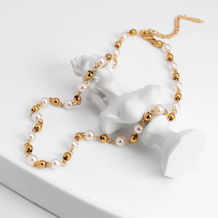 Dainty 18K Gold Beads Link Chain Necklace Elegant Temperament Ladies Jewelry Waterproof Small Pearl and Bead Choker Necklace