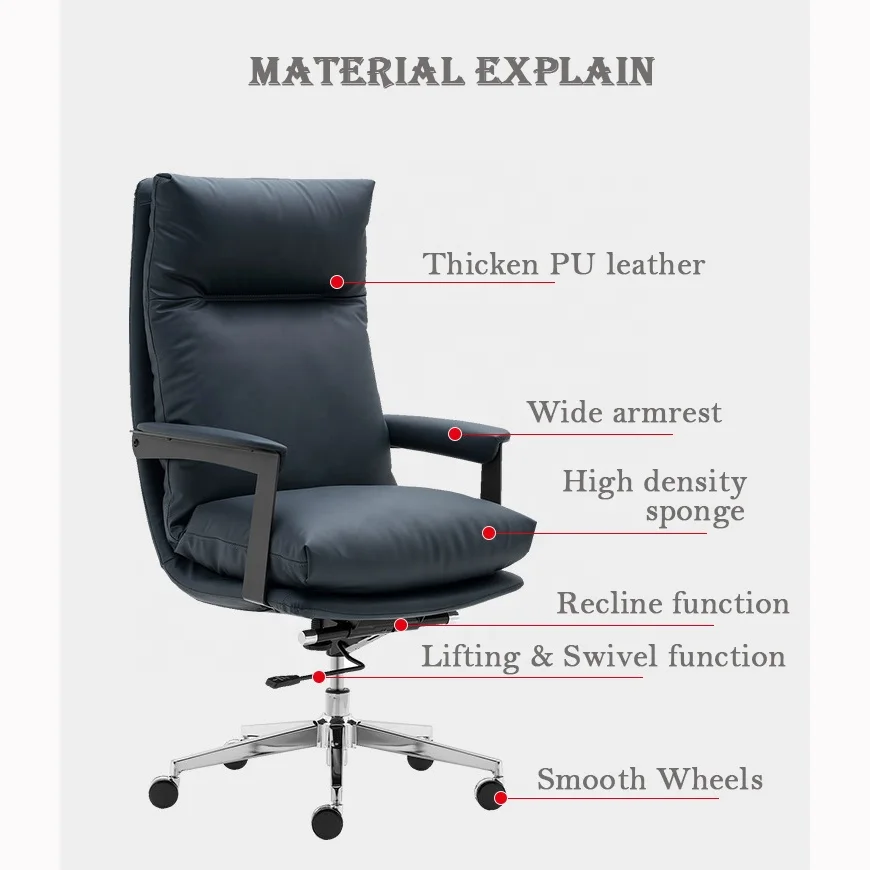 With full high density sponge navy blue high back pu leather office chair