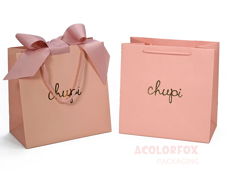 Luxury Jewelry Shopping Paper Bag Custom Print Logo Gold Foiled Mini Cute Pink Paper Gift Bags With Handles Ribbon Closure