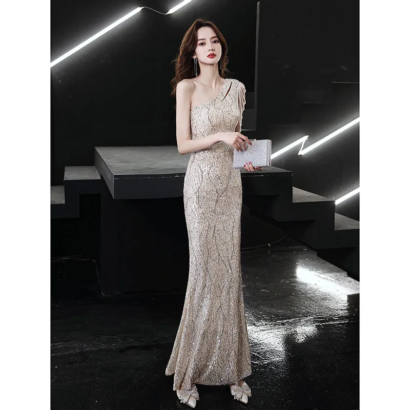 New Evening Dresses 2024 Sequin Elegant Lady Hollow Off Shoulder Backless Evening Dress Round Slim Sequin Dress Women