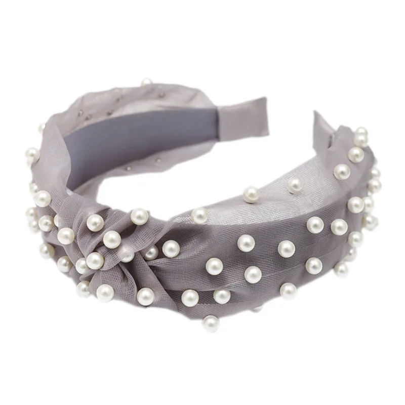 Spring pure color lace mesh studs pearl headdress headbands knotted wide-brim ladies headband