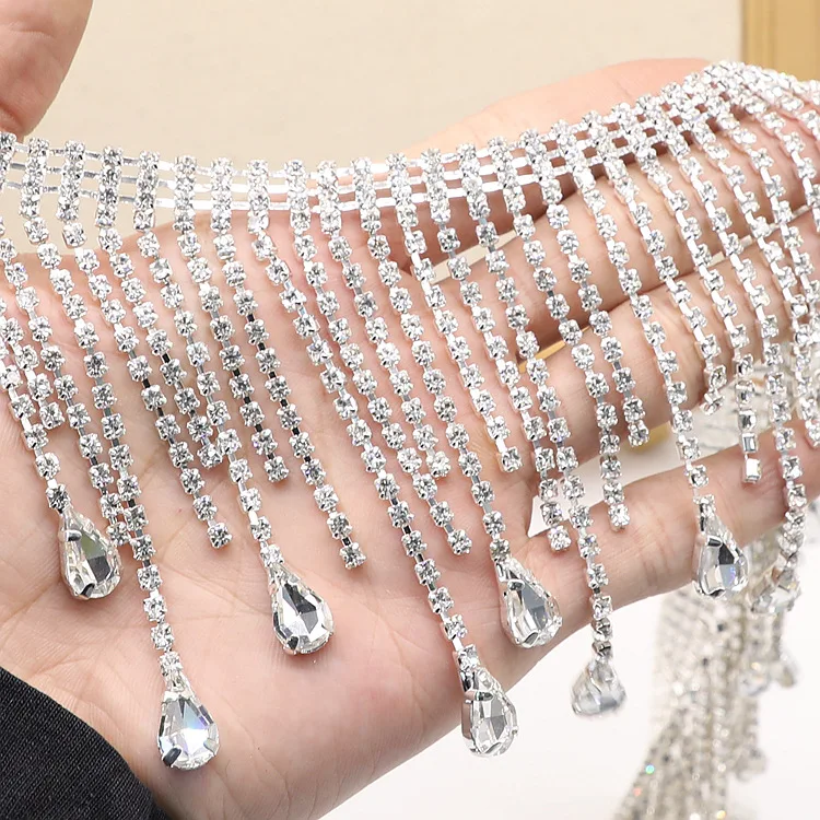 JFRT012 Bling Rhinestone Long Tassel Crystal Chain Diamante Clear Chain Rhinestone Trim Dance Clothes Collar Headband Lace Trim