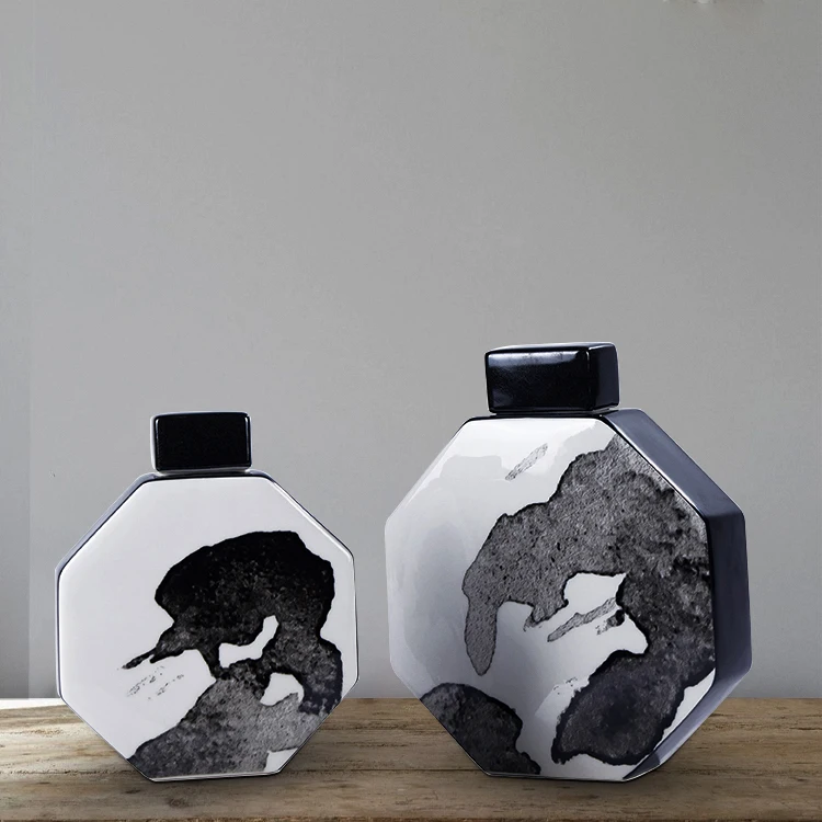 Chines Luxury Octagonal Flat Vase Chinese Ink Painting Decorative Ceramic Jar for Storage And Decoration