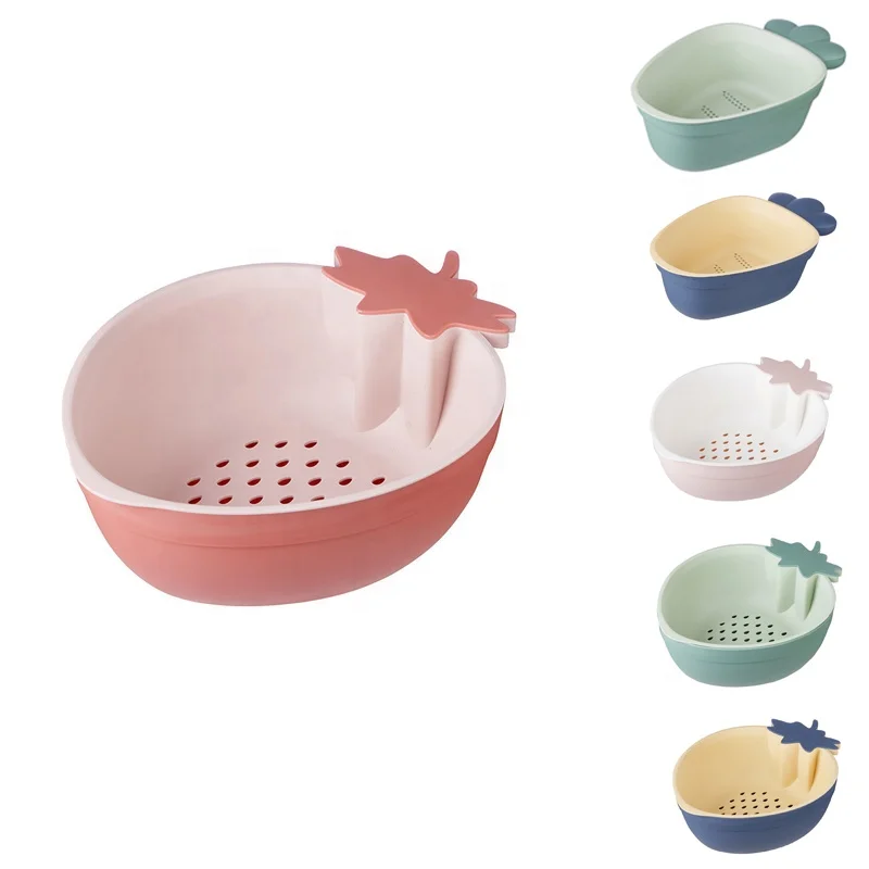 Kitchen Household Cute Strawberry Carrot Plastic Hollow Fruit Plate Washing Basin Vegetable Basket Double Layer Drain Basket