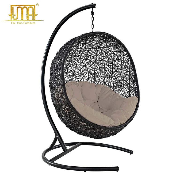 Garden set furniture metal frame wicker oval hanging chair with stand
