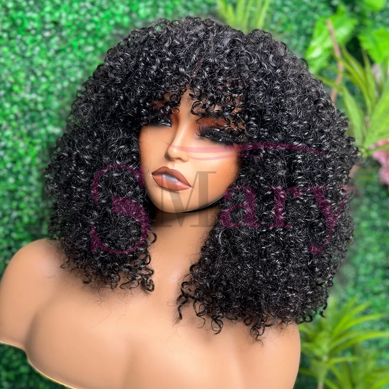 Cheap SDD super double drawn 100% human hair vendors afro kinky curl 300% density short fringe wigs with for black women