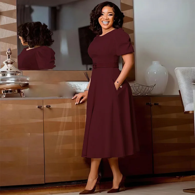 L35 Ladies Office Dresses Women Formal Work O-neck Puff Sleeve Wrap Waist A-line Ruched Dress Elegant Casual Dresses With Belt