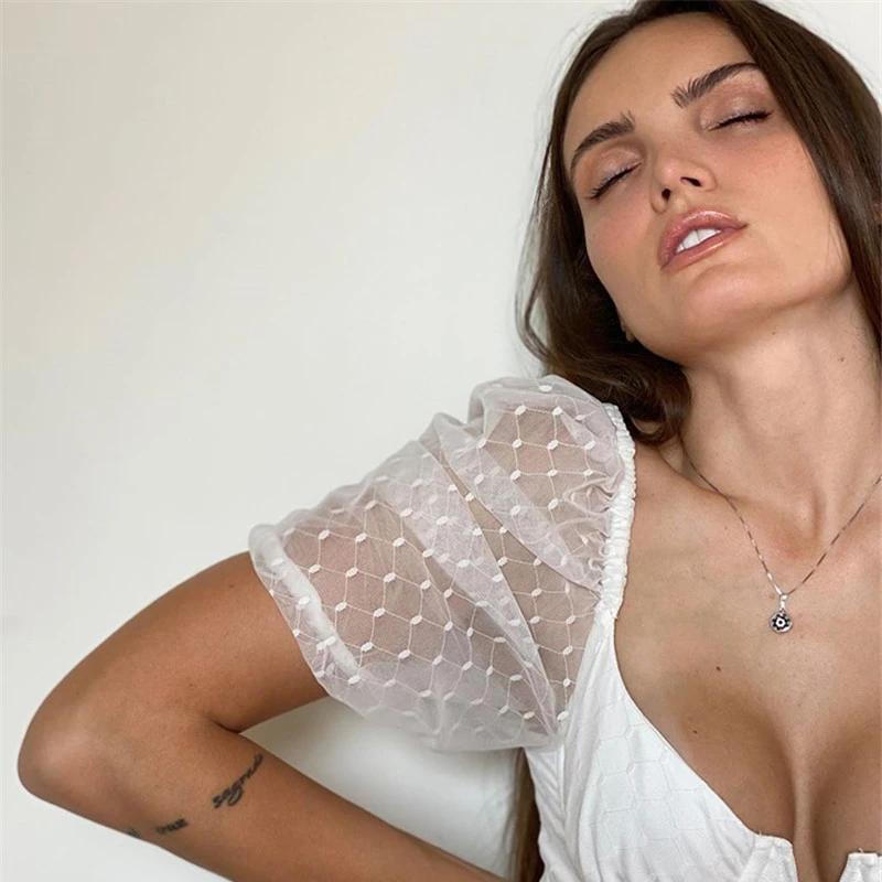 
Polka Dot Mesh Summer 2 Piece Set Women Double Layers Elastic Hem Skirt Set See Through Sexy Crop Top Party Outfits 2020 