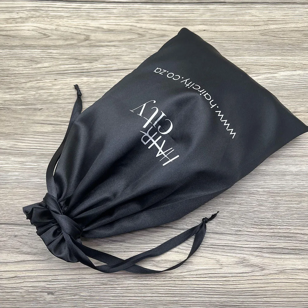 Luxury Custom Logo Drawstring Satin Dust Bag Hair Extensions Silk Satin Drawstring Dust Hair Bundle Packaging Bag