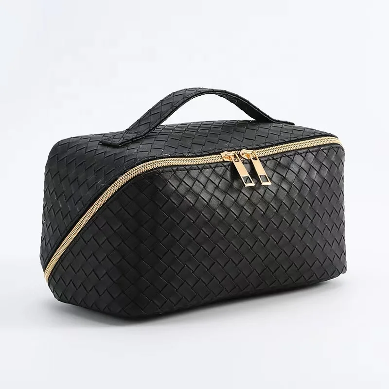 Large Capacity Waterproof Cosmetic Bag PU Leather Travel Cosmetic Bag Makeup Bag with Handle for Women