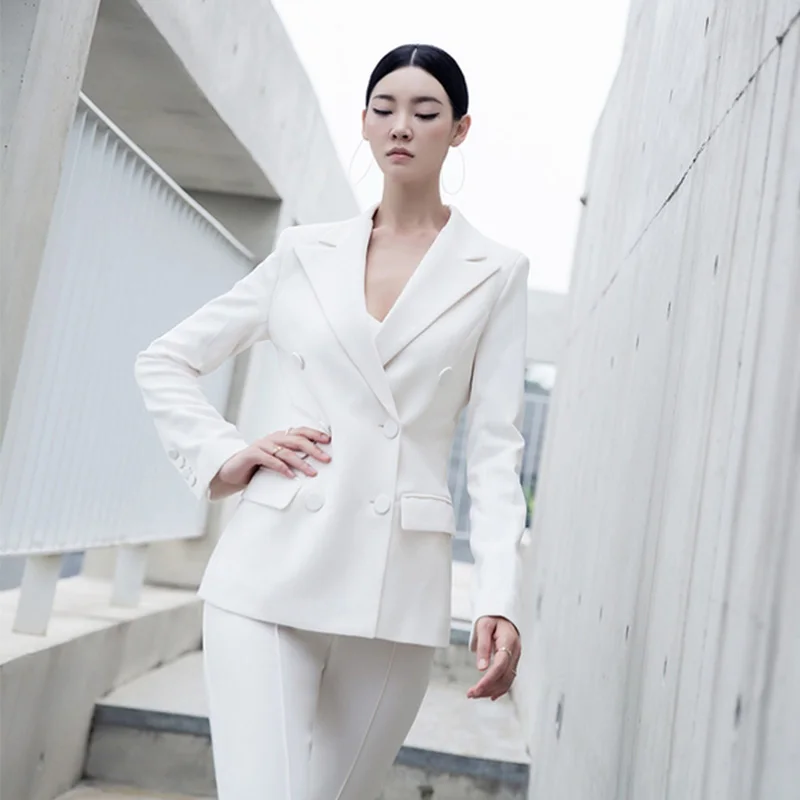 Custom Korean version fashion white slim suit blazer pants suit elegant temperament V-neck long sleeve coat