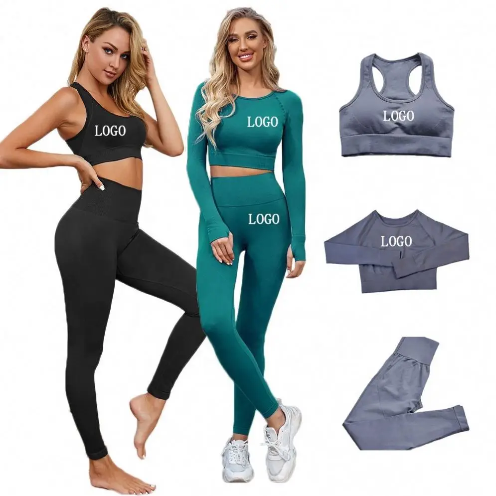 Glorystar Apparel Stock Womens 3 Piece Outfit Crop Top and Bra Bottom Leggings Sets Seamless Yoga Gym Activewear Set