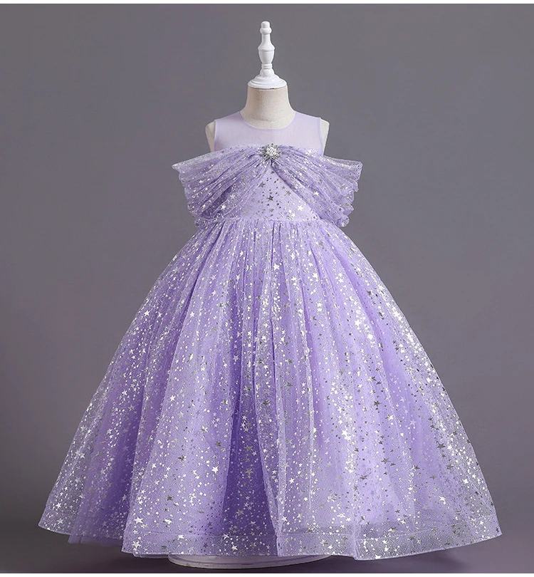 New Kids Girls New Summer Children Mesh Lace Floor Length Stars Catwalk Host Performances Fluffy Gauze Dress