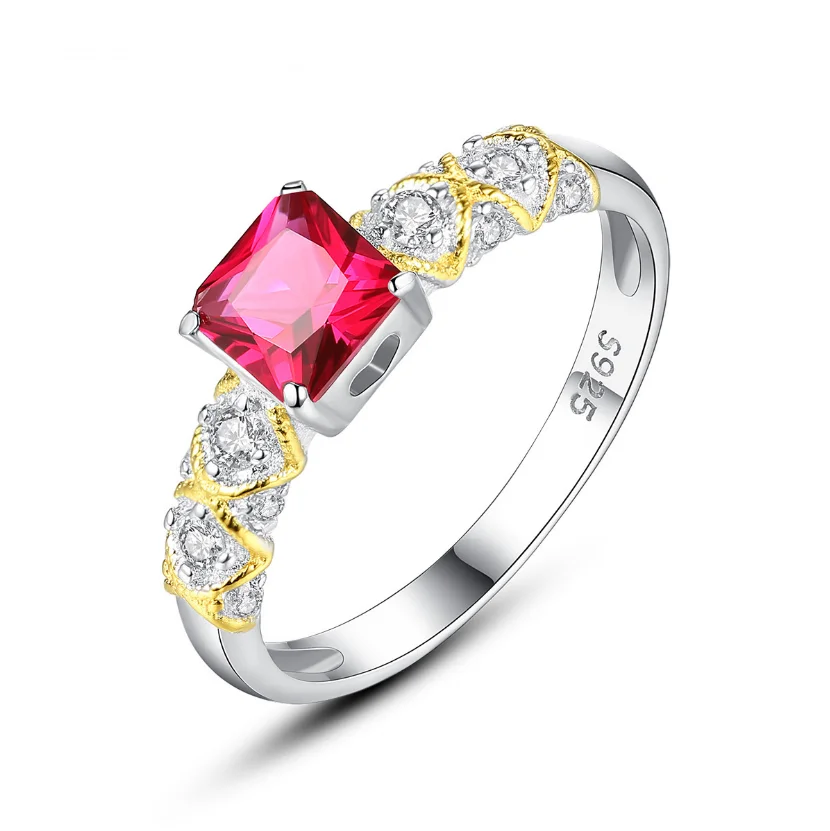 On Stock Women Fashion Jewelry Ruby Square Shape CZ Paved Wedding Rings Sterling Silver Ring Wholesale