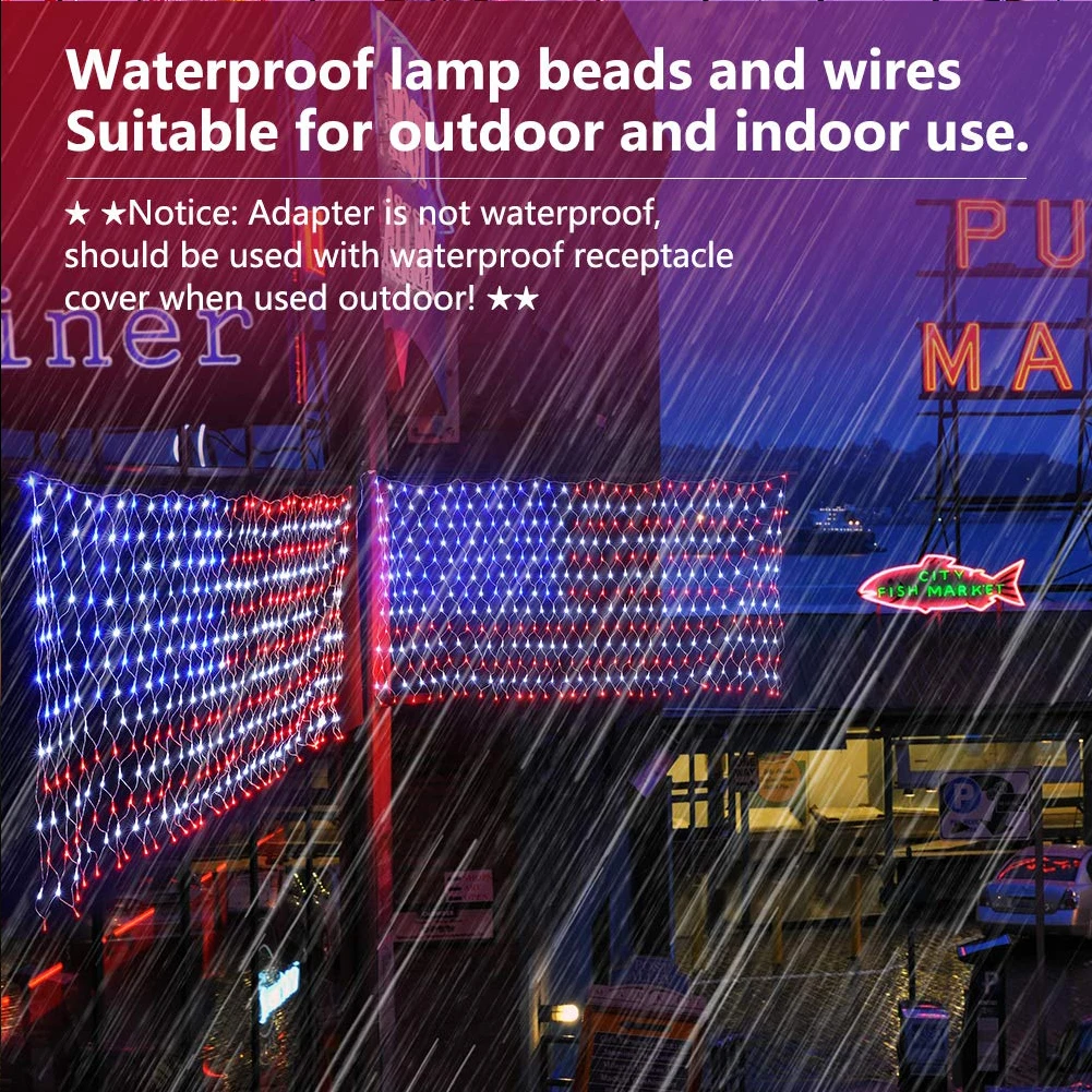 Hot Sell 2 x1M 110V American Flag Net Light with 420 LED Waterproof Led Flag Net Light for Yard Garden Decoration