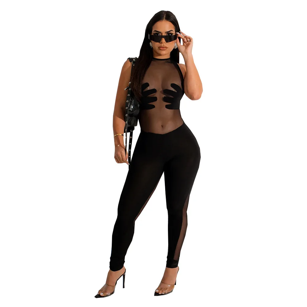 2023 New Arrivals Sleeveless Sexy Hollow Out Pattern Palm Rompers See-through Mesh  Bodysuit For Women One Piece Tight Jumpsuits