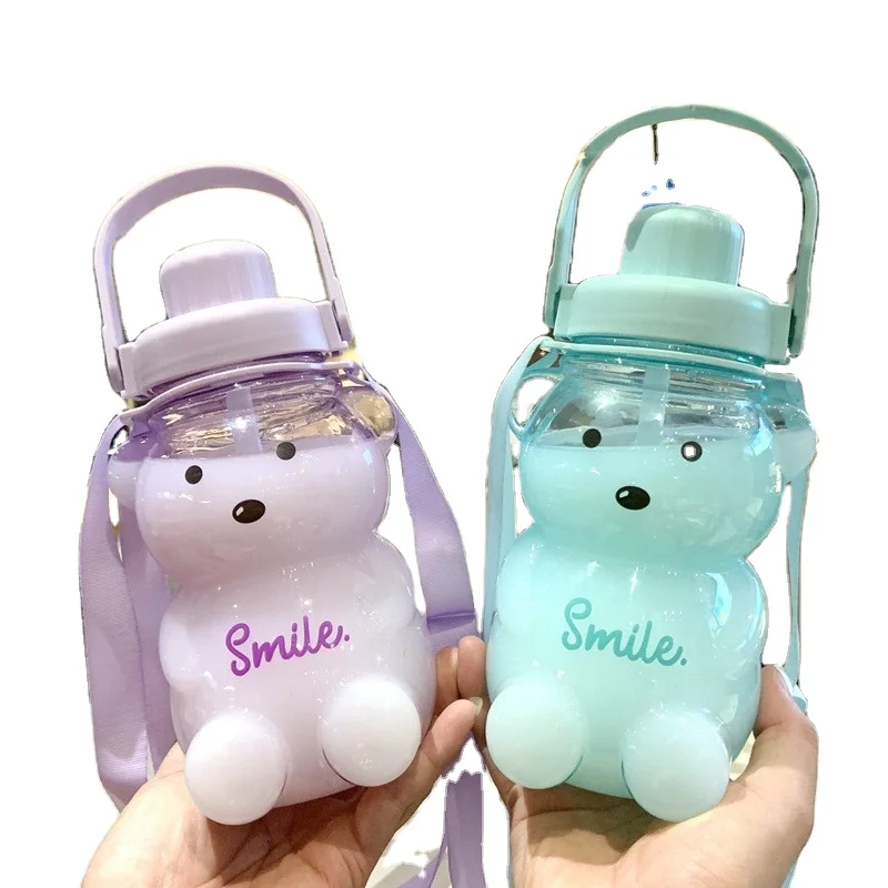 Wholesale Kids Cute Bear Water Cup Student Big Belly Portable Plastic Drink Water Bottle Cup With Straw