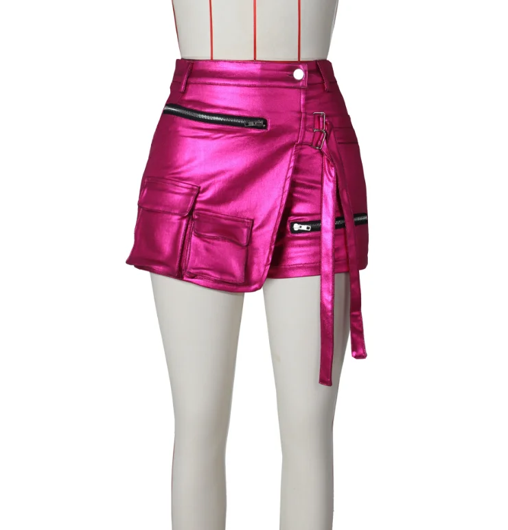 STOCK 6Colors High Elastic Leather Asymmetrical Mini Shorts Women Streetwear Summer Vintage High Waist Cargo Short Pants