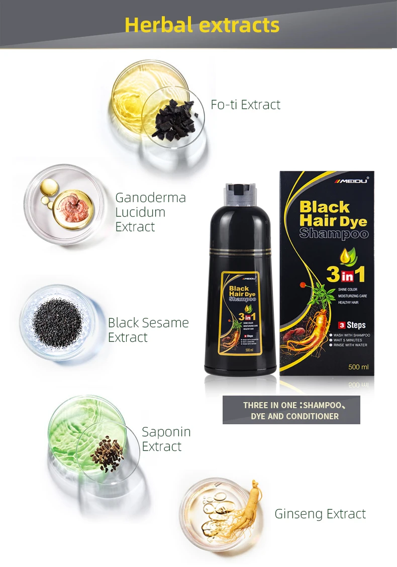 China Manufacturer Meidu Brand Private Label Ammonia Free Magic Black Brown Hair Dye Fast Black Hair Color Shampoo