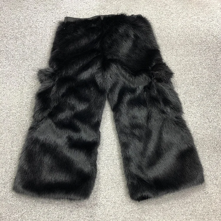 OEM/ODM Custom black wide leg faux wolf fur fringe pants men