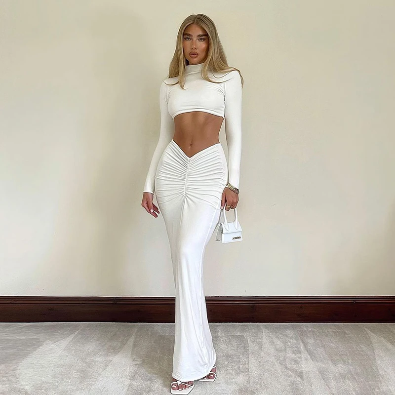 Bomblook M21ST484 Elegant Long Sleeve Crop Top Low Waist Maxi Skirt Clubwear Solid Color High Elastic Two Piece Set Women