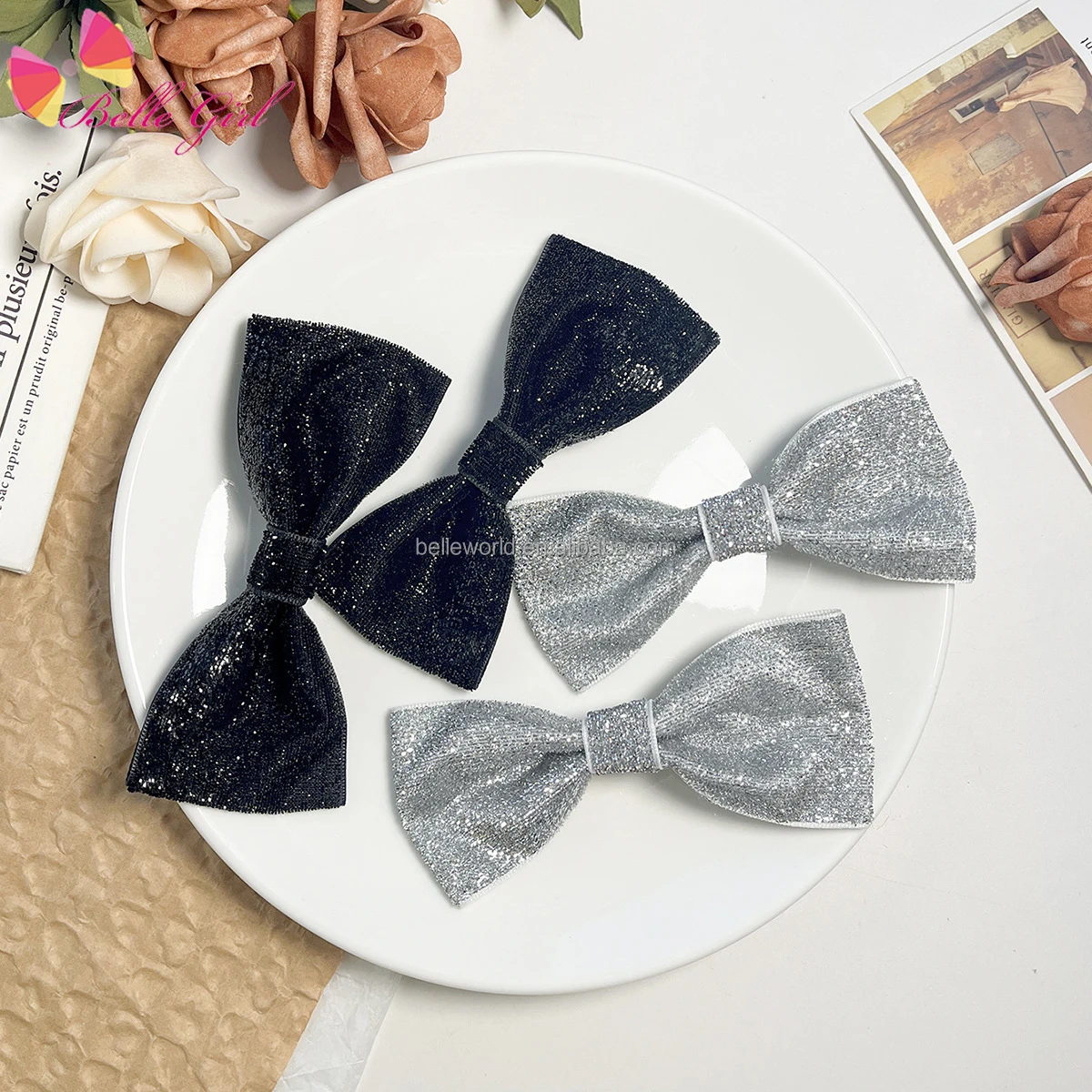 BELLEWORLD bulk sale Ins fashion 2pcs/set sequin handmade bow hairclip women girls glitter bow clips hair accessories for daily
