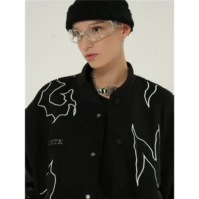 casual vintage diamonds print embroidery  patchwork leather sleeve loose unisex wool baseball jacket jumper bomber