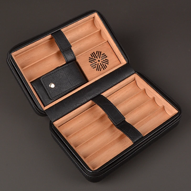 Leather Premium Portable Cigar Travel Humidor Case Without Lighter Cigar Accessories Set For 6 Cigars Gift For Men