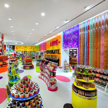 Kids Sweet Candy Display Shelf Custom Colorful Candy Display Kiosk Stand Candy Store Interior Design