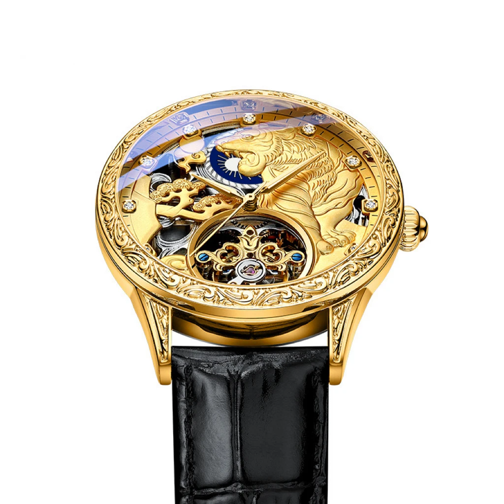 Classical Engraved Case And Bezel Cow Leather Strap 3D Gold  Animal Pattern Flywheel Skeleton Automatic Watch Winder