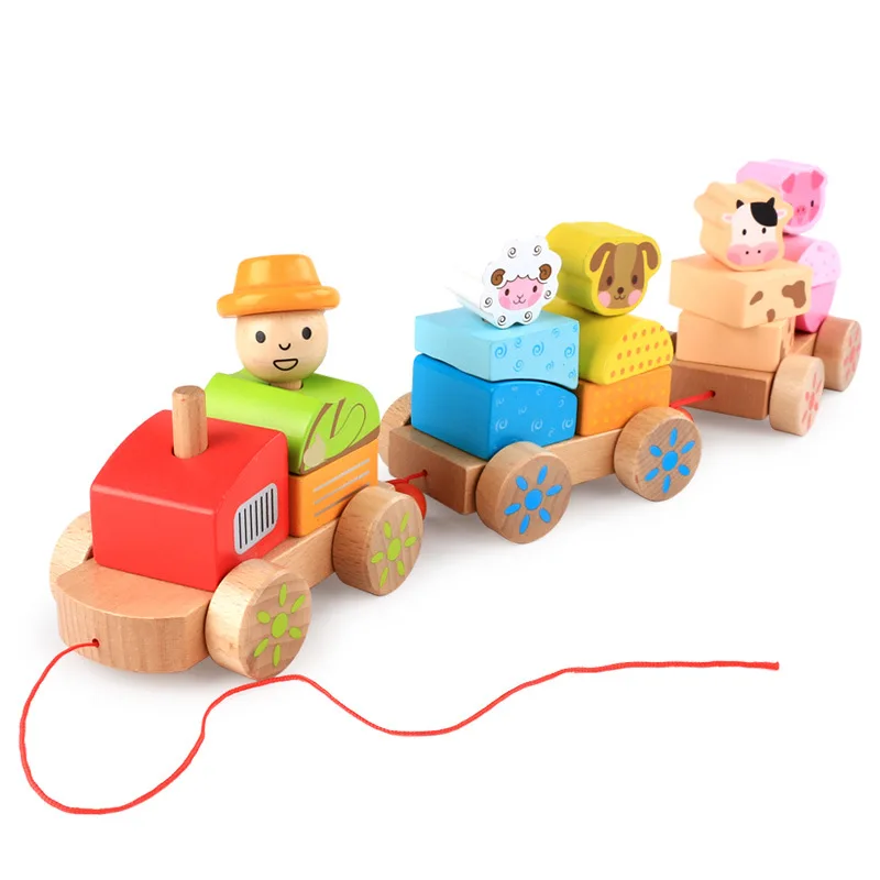 Wooden farm animal cognitive building blocks three-section drag train shape matching color cognitive early education toys