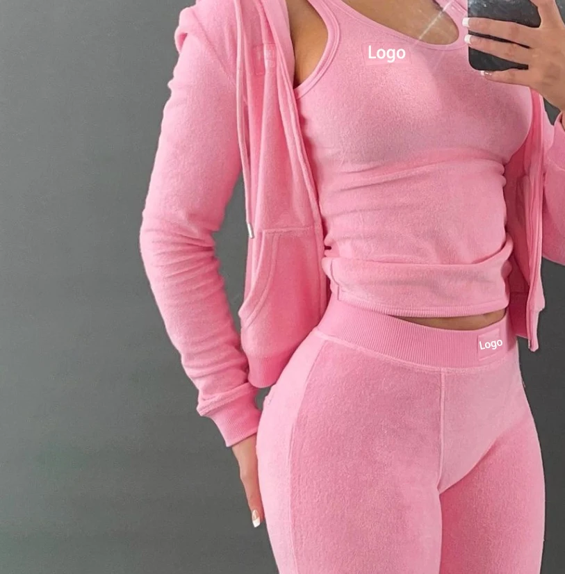 Trending 2022 Streetwear Solid Color Terry Towel Bodycon Women Sets Tracksuits Vest Short Sweatshirt 4 Piece Pants Set for Woman